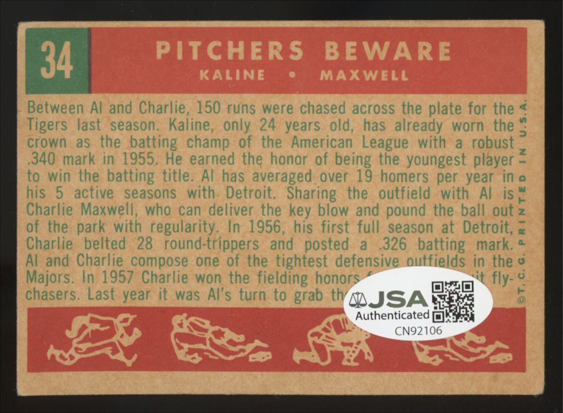 1959 Topps Al Kaline Signed Autograph #34 JSA Authentic