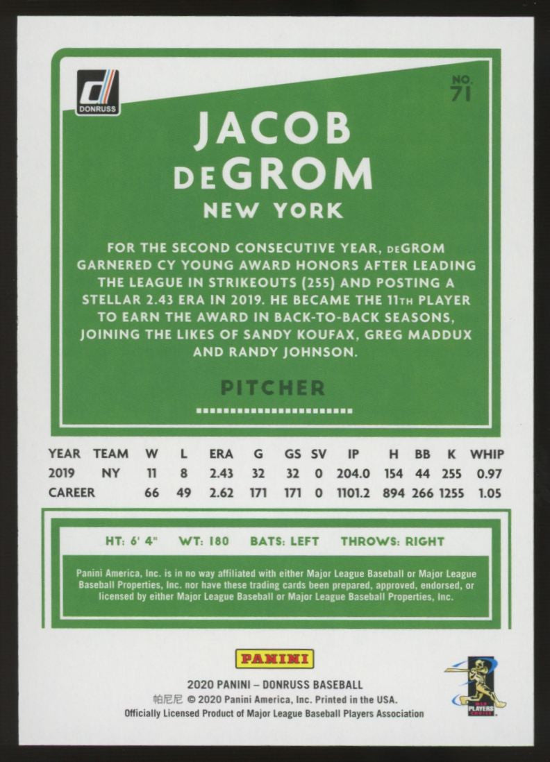 2020 Donruss Baseball Jacob deGrom Press Proof Gold /5 #71