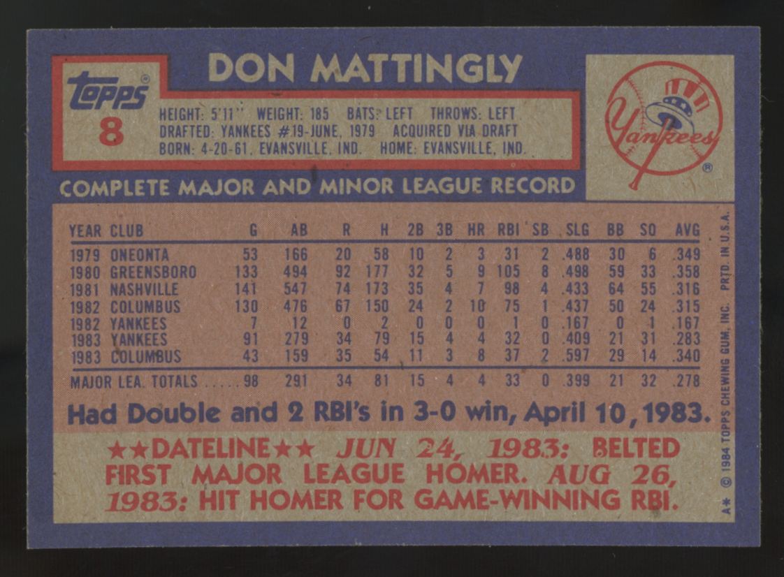 1984 Topps Don Mattingly RC #8 NM-MT "D"