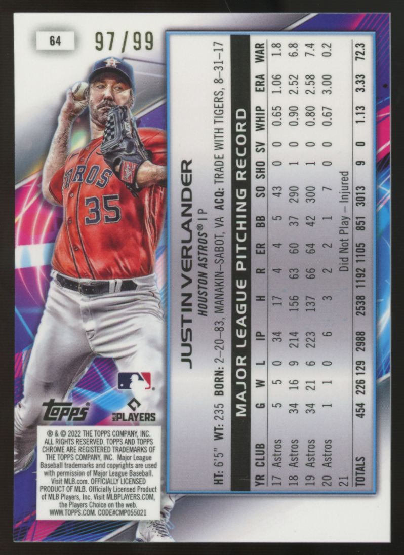2022 Topps Chrome Cosmic Justin Verlander Blue Moon Refractor /99 #64