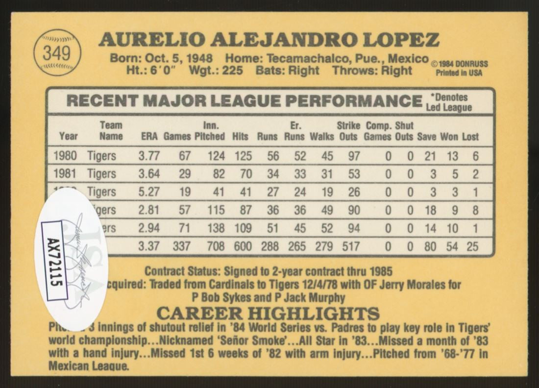 1985 Donruss Aurelio Lopez #349 Signed Auto JSA