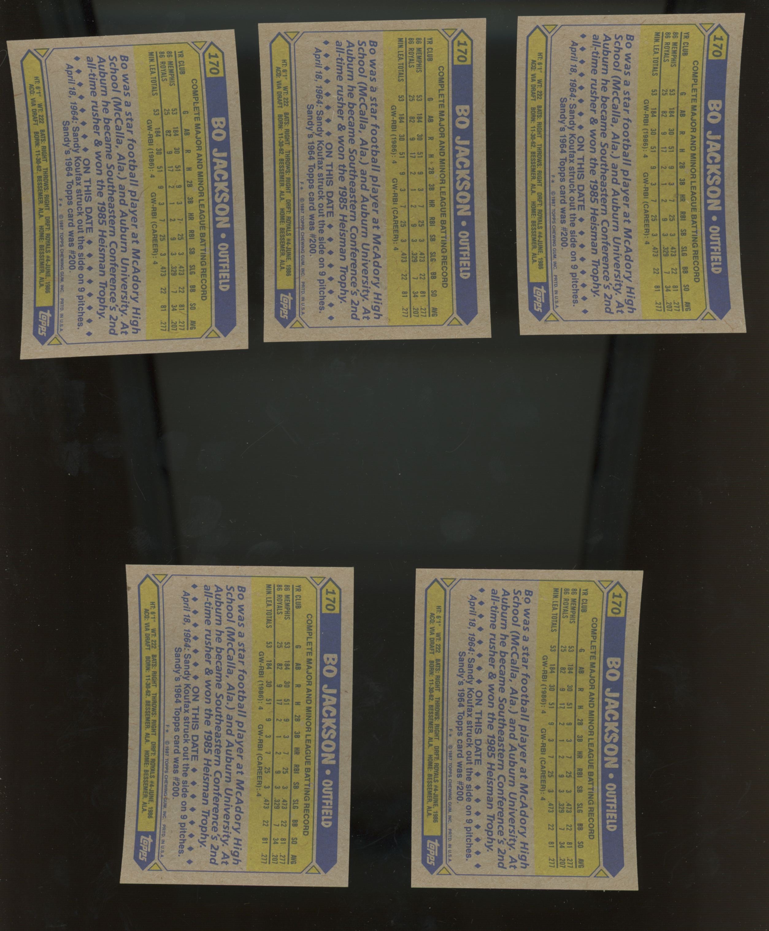 1987 Topps Bo Jackson RC #170 Lot of 25 NM-MT "A"