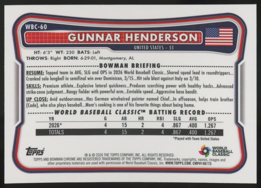 2026 Bowman Chrome Gunnar Henderson World Baseball Classic /499 #WBC-60