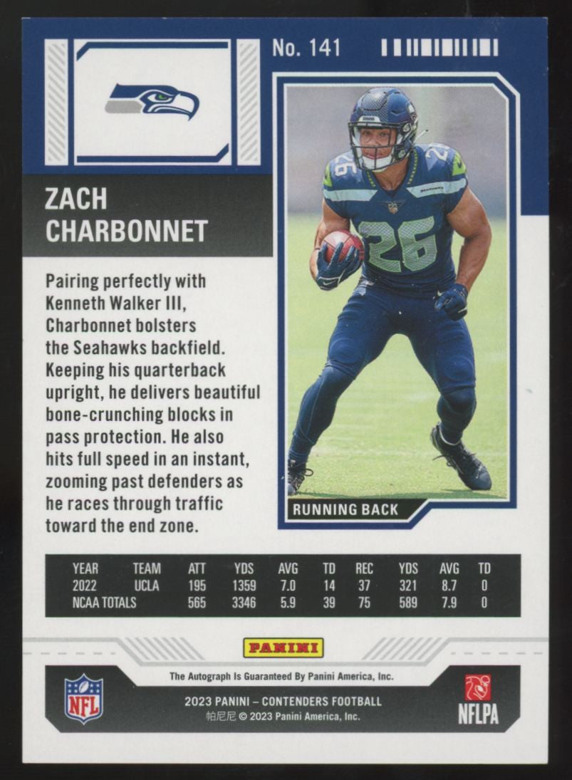 2023 Panini Contenders Zach Charbonnet RC Playoff Ticket Auto /149 #141