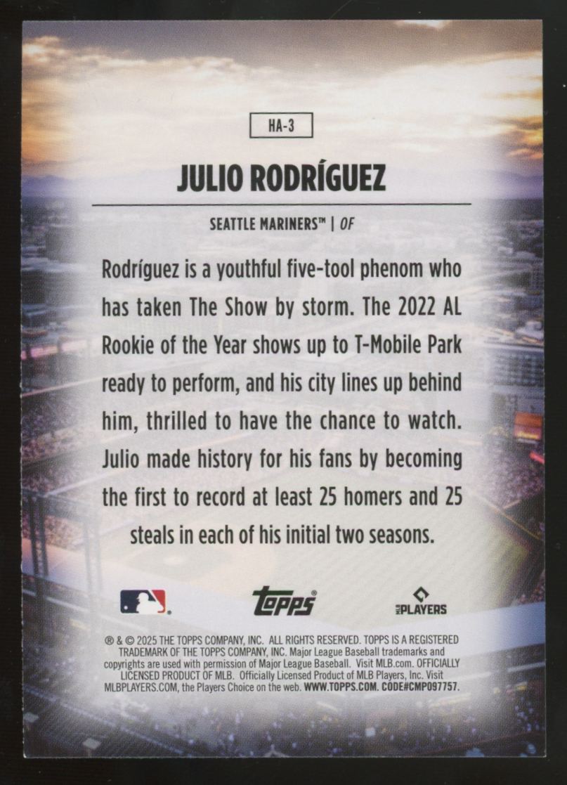 2025 Topps Series One Julio Rodriguez Home Field Advantage #HA-3 "A"