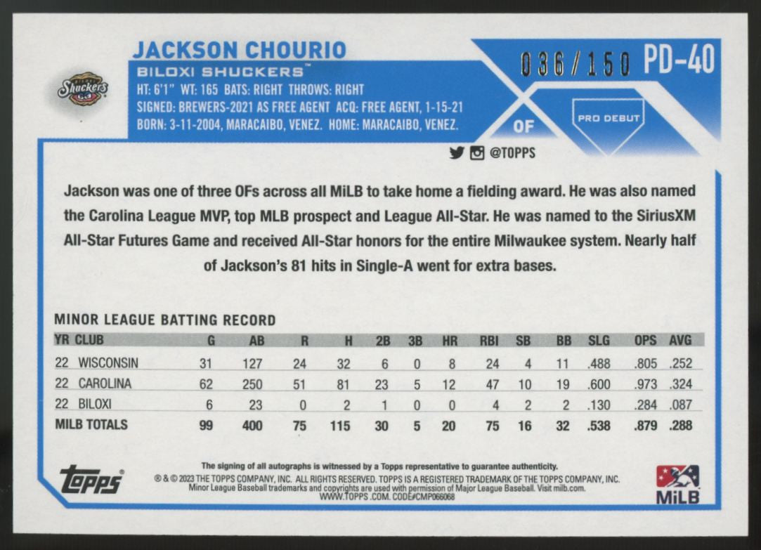 2023 Topps Pro Debut Jackson Chourio Blue Auto /150 #PD-40 *Top Right Corner*