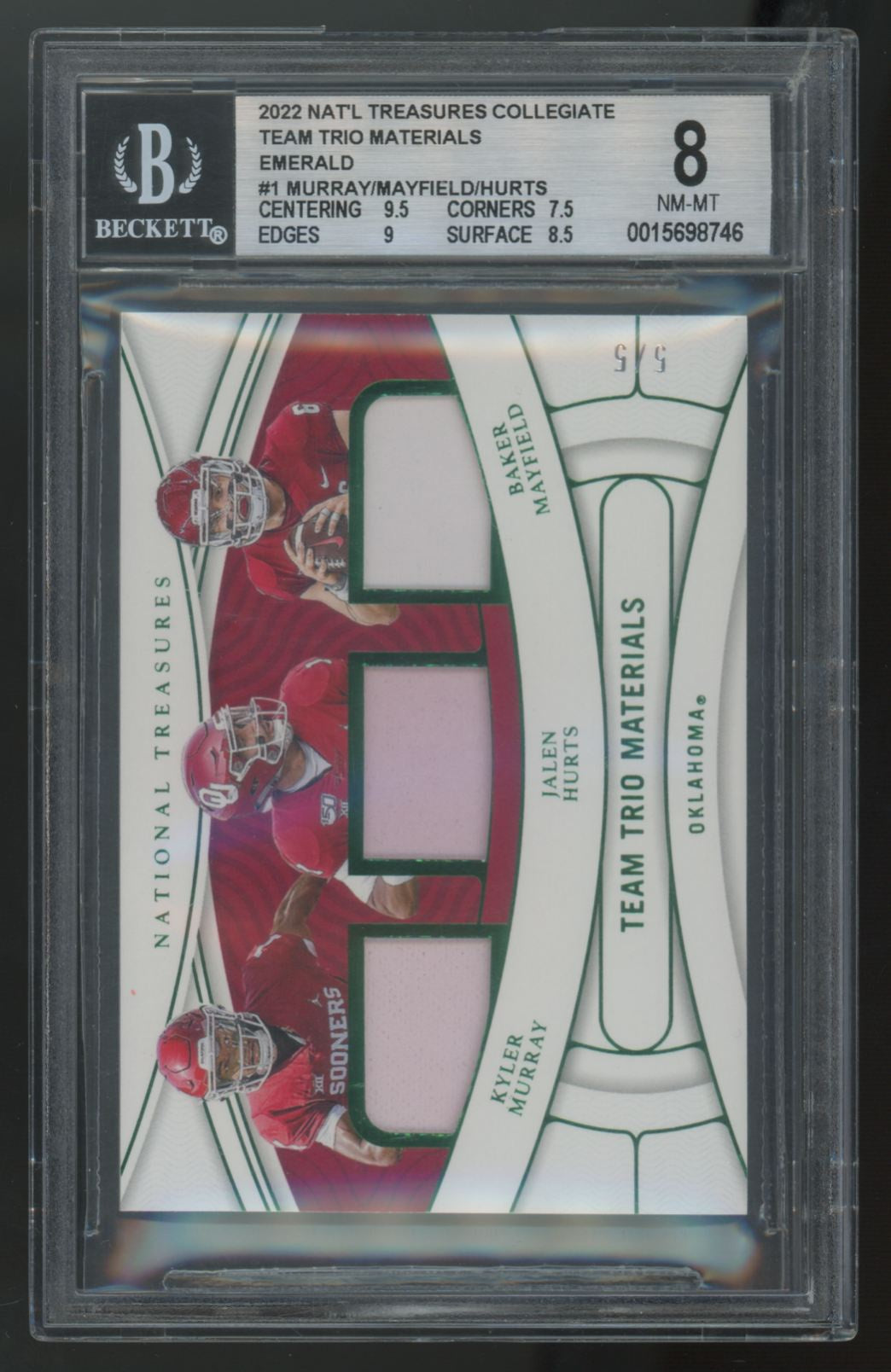 2022 National Treasures Hurts/Mayfield/Murray Emerald Team Trios Patch /5 BGS 8