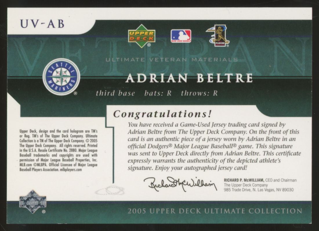 2005 Upper Deck Ultimate Adrian Beltre Veteran Materials Auto /20 #UV-AB