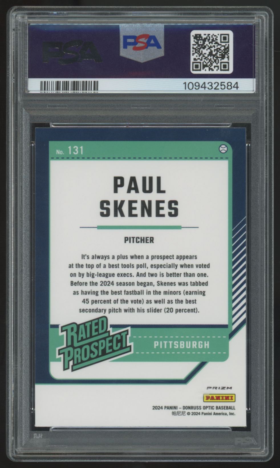 2024 Panini Donruss Optic Paul Skenes Rated Prospect Blue Velocity #131 PSA 10