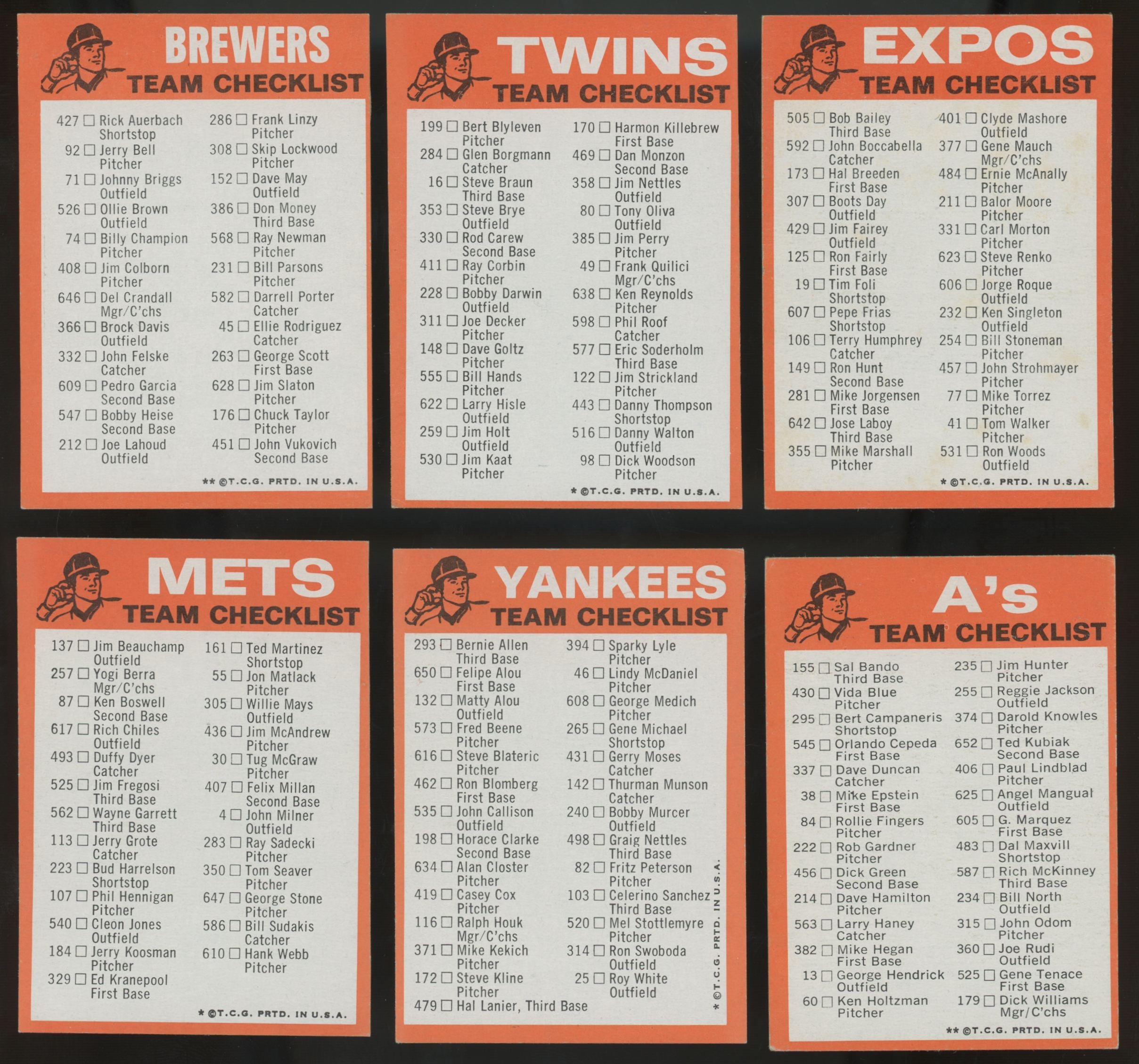 1973 Topps Baseball Team Checklist Set EX/MT Unmarked