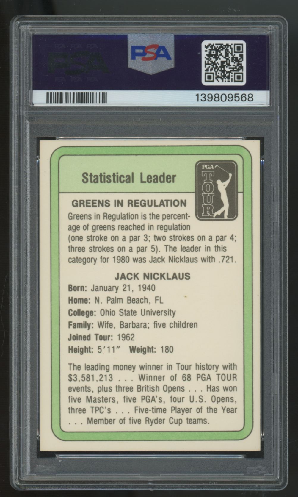 1981 Donruss Golf Jack Nicklaus Statistical Leader PSA 8