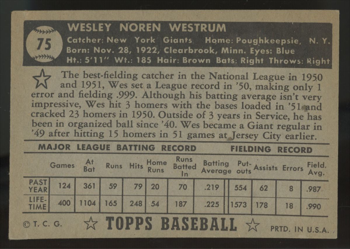 1952 Topps Wes Westrum Black Back #75 VG/EX-EX