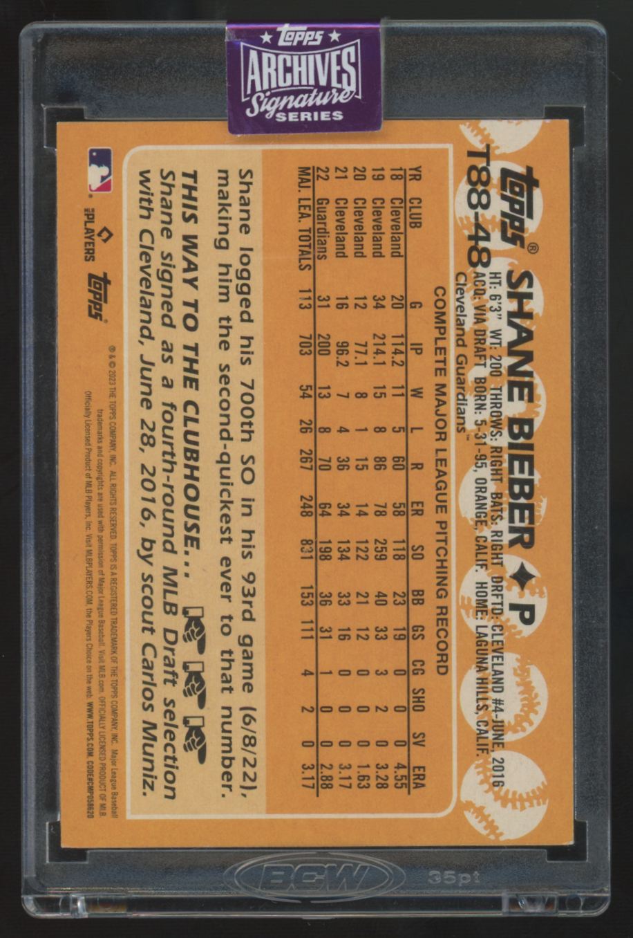 2025 Topps Archives Signature Series Shane Bieber Auto /25 #T88-48