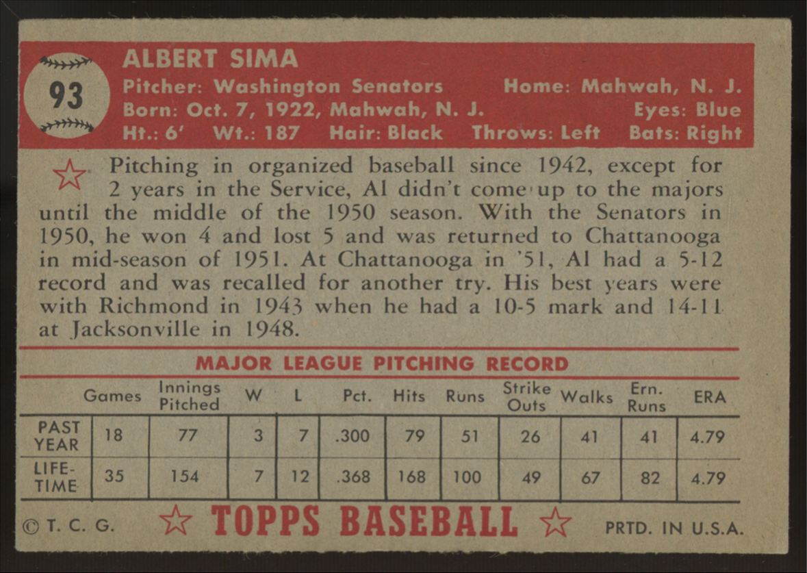 1952 Topps Al Sima #93 EX/MT