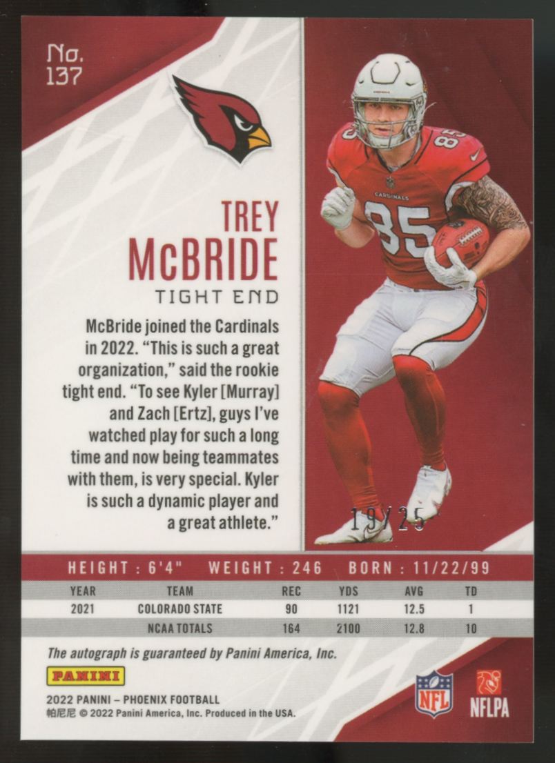 2022 Panini Phoenix Trey McBride RC Auto Blue /25 #137