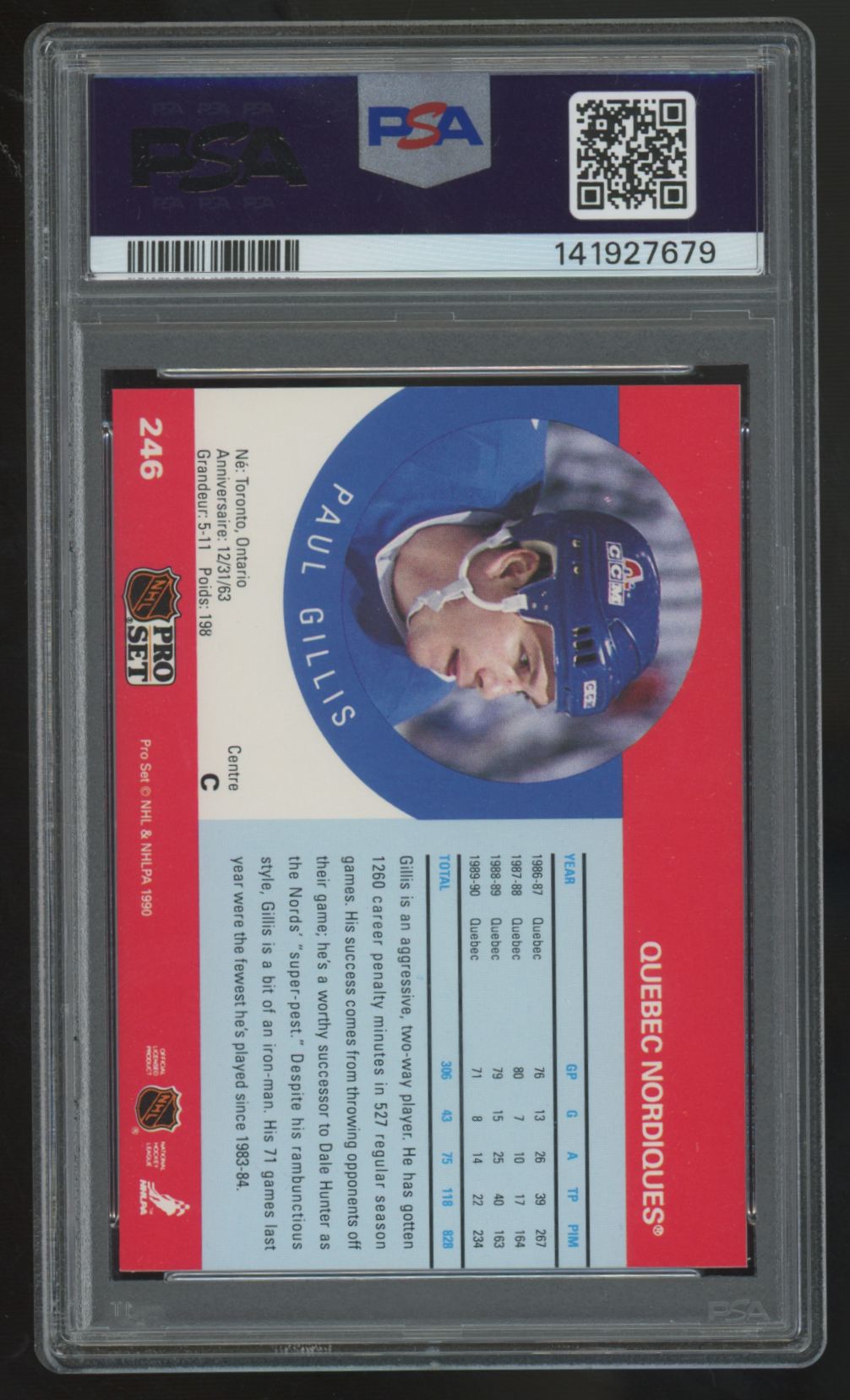 1990-91 Pro Set Paul Gillis 37 On Front - Bloody Nose #246 PSA 9