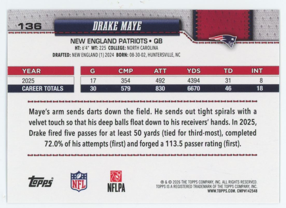 2026 Topps Flagship Drake Maye True Photo Variation #136