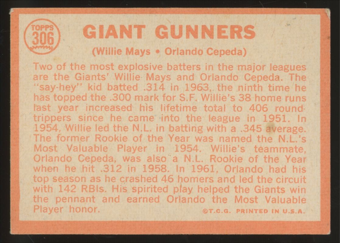 1964 Topps Willie Mays/Orlando Cepeda Giant Gunners #306 VG/EX