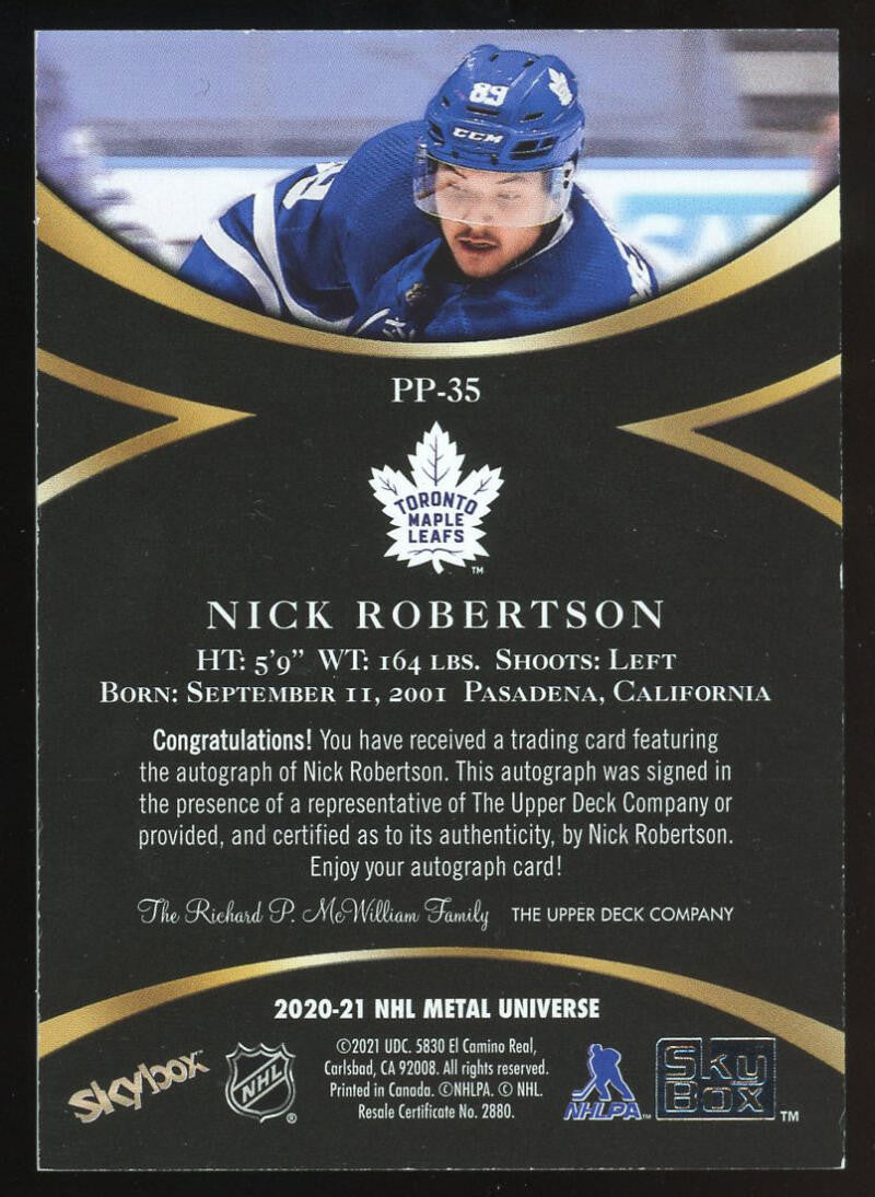 2021 Skybox Metal Universe Prospects Nick Robertson Autographed