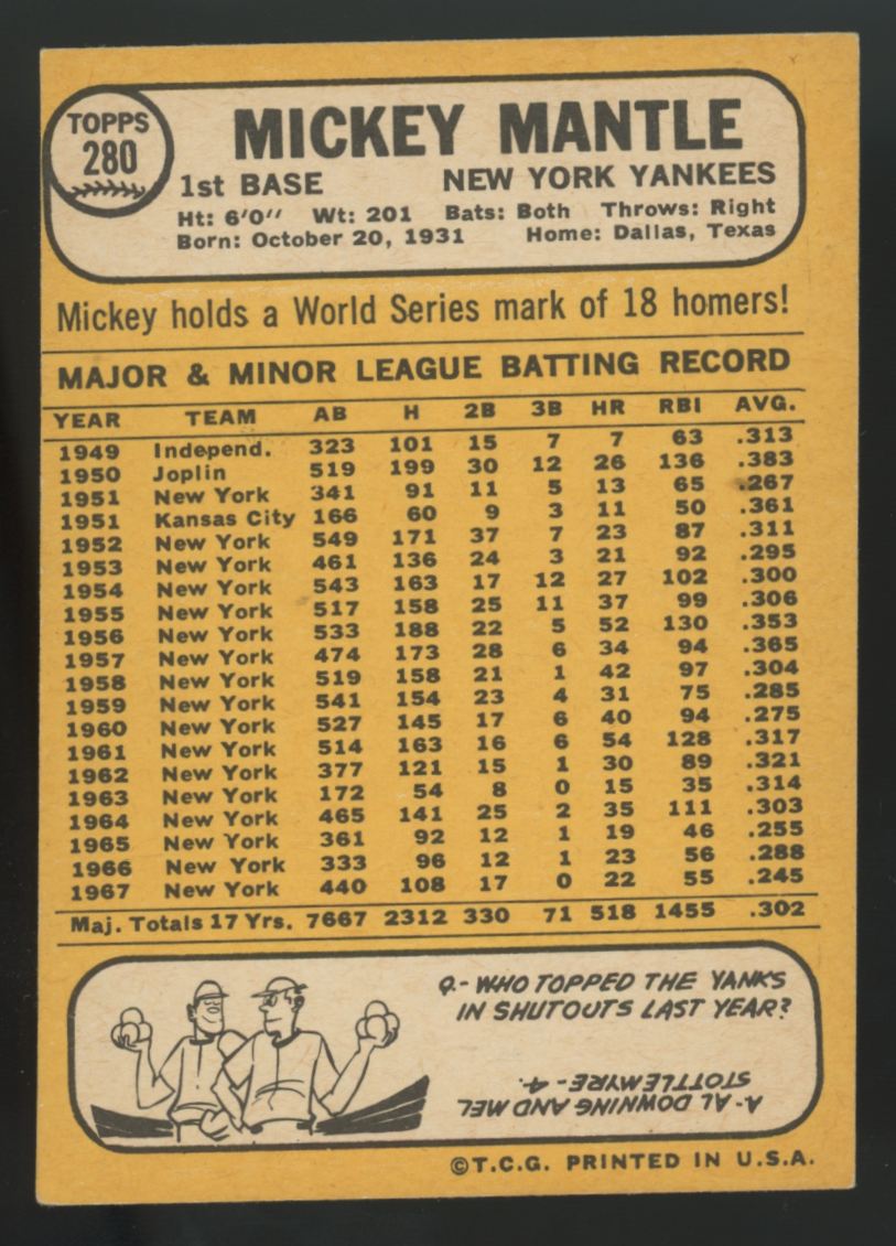 1968 Topps Mickey Mantle #280 EX (MC)