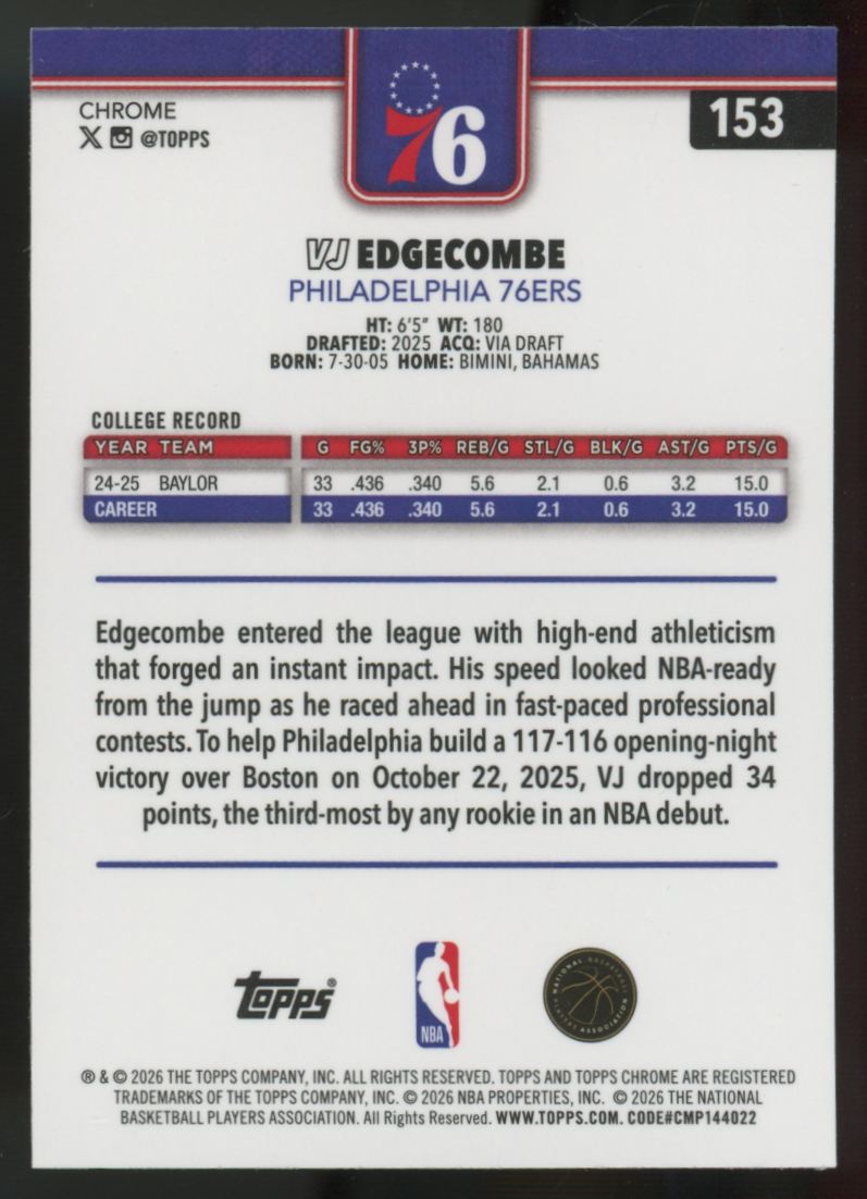 2025-26 Topps Chrome Update VJ Edgecombe RC X-Fractor #153