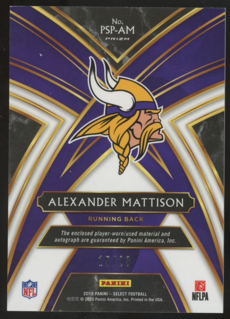 2019 Select Alexander Mattison RC Jumbo Neon Orange Pulsar Patch Auto RPA /23