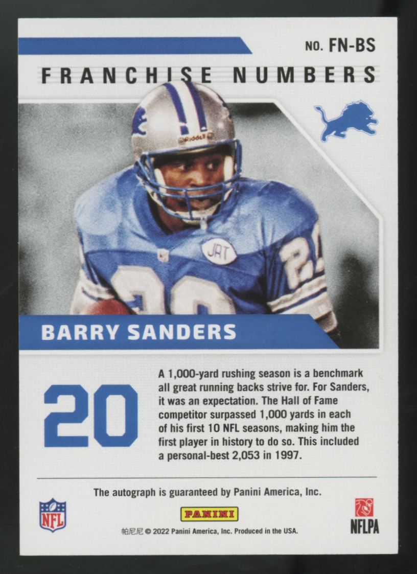 2022 Panini Certified Barry Sanders Franchise Numbers Auto #FN-BS
