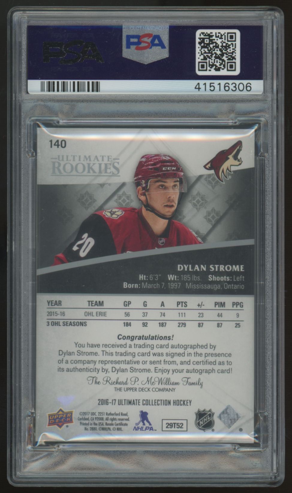 2016-17 UD Ultimate Collection Dylan Strome RC Auto /299 #140 PSA 9