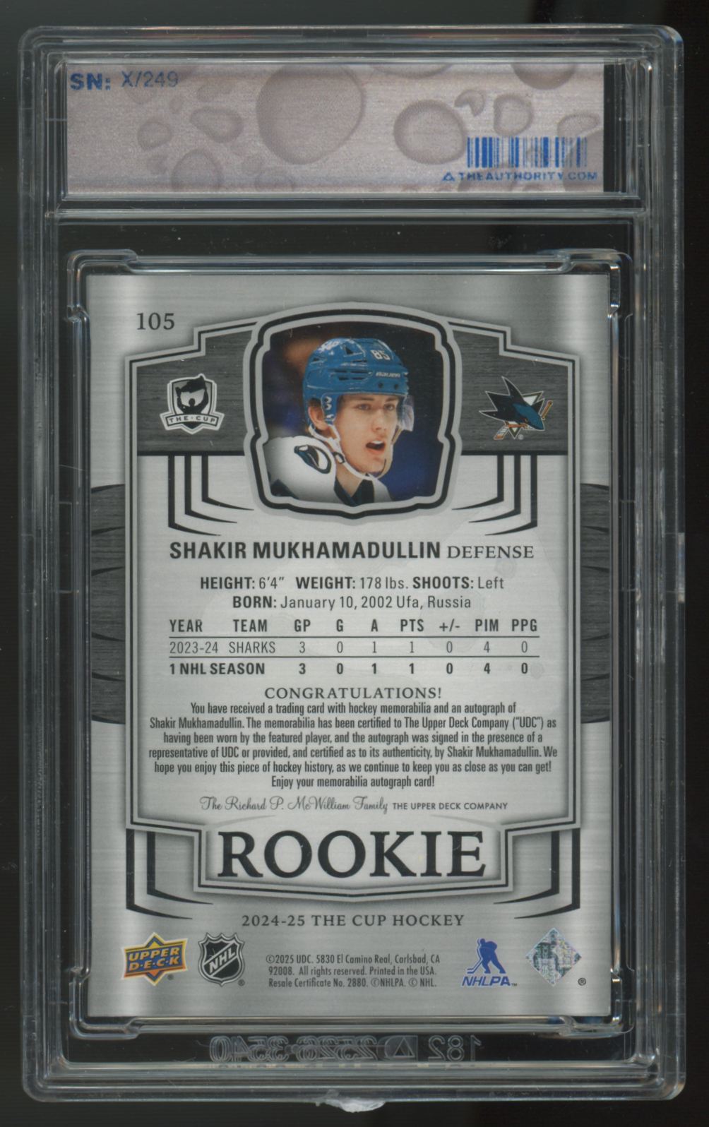 2024-25 Upper Deck The Cup Shakir Mukhamadullin RC Patch Auto RPA /249 #105