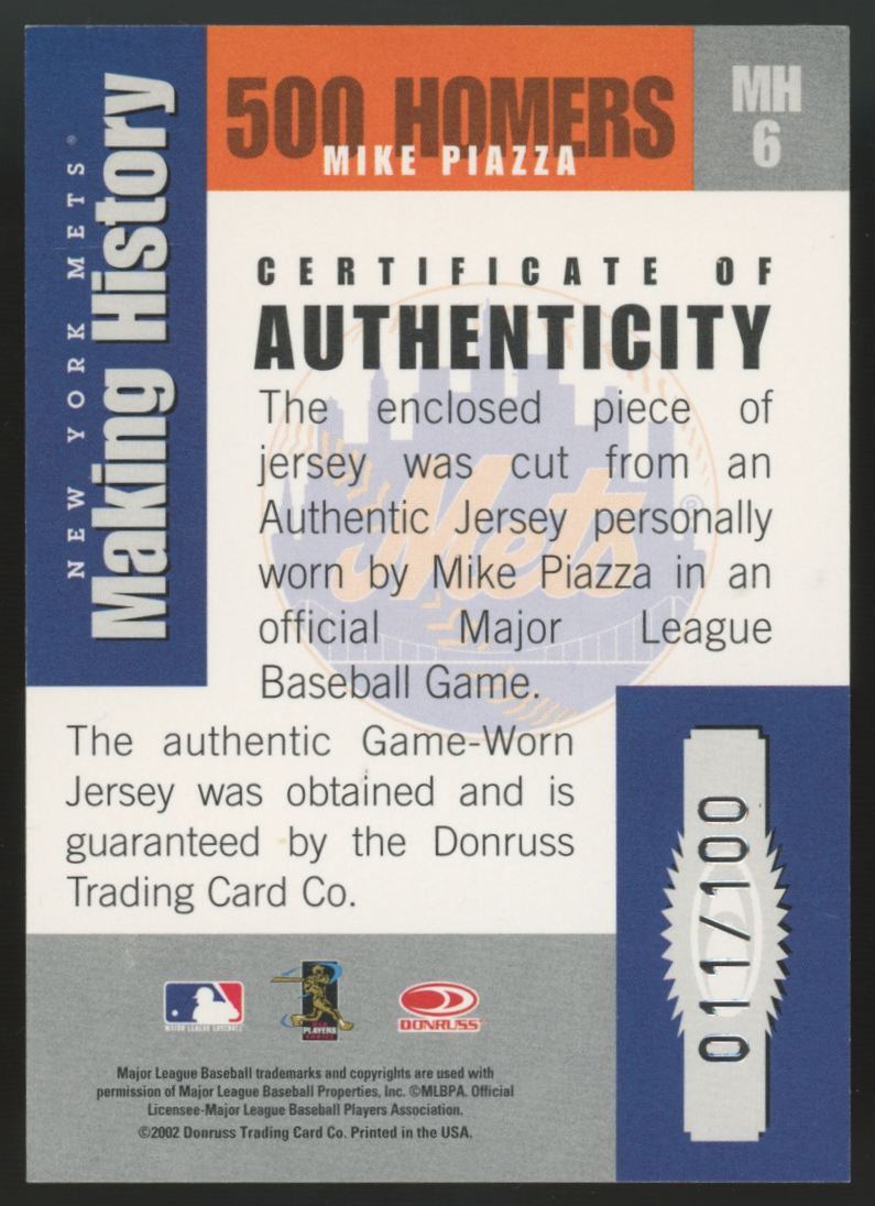 2002 Donruss Originals Mike Piazza Making History Patch /100 #MH6