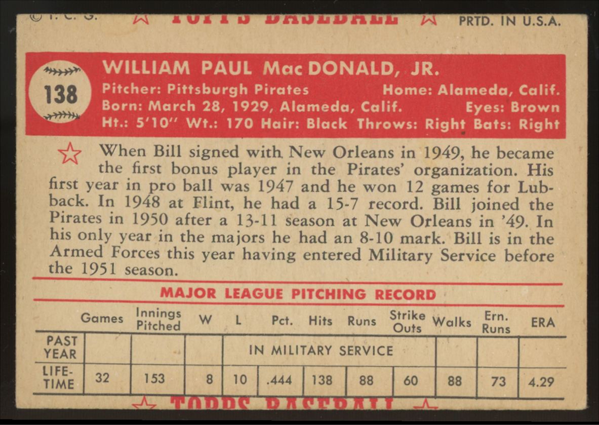 1952 Topps Bill MacDonald #138 VG