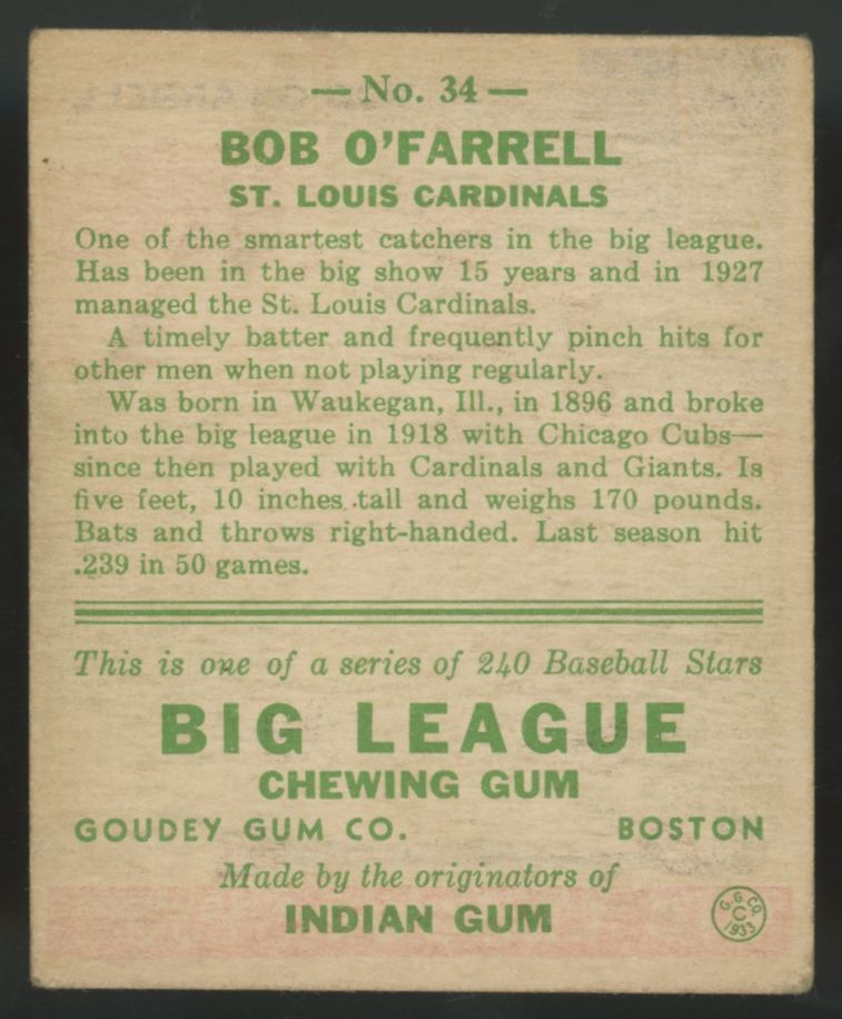 1933 Goudey Bob O'Farrell #34 VG/EX