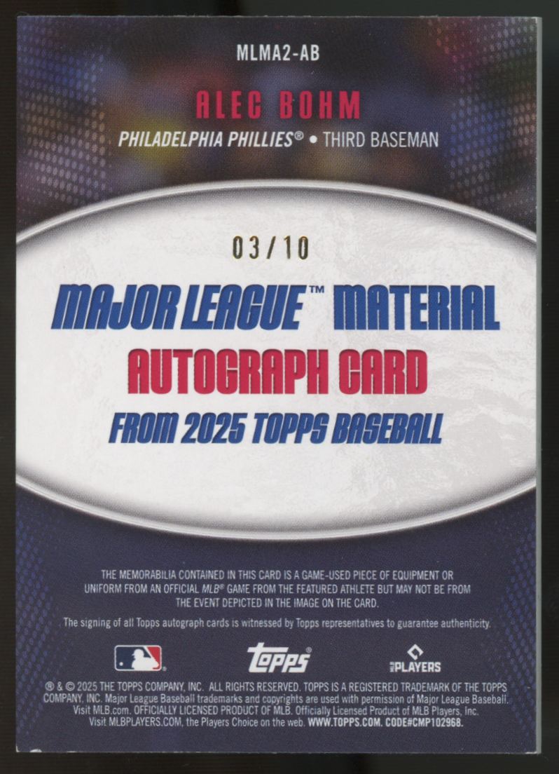 2025 Topps Alec Bohm Major League Material Patch Auto Black /10 #MLMA2-AB