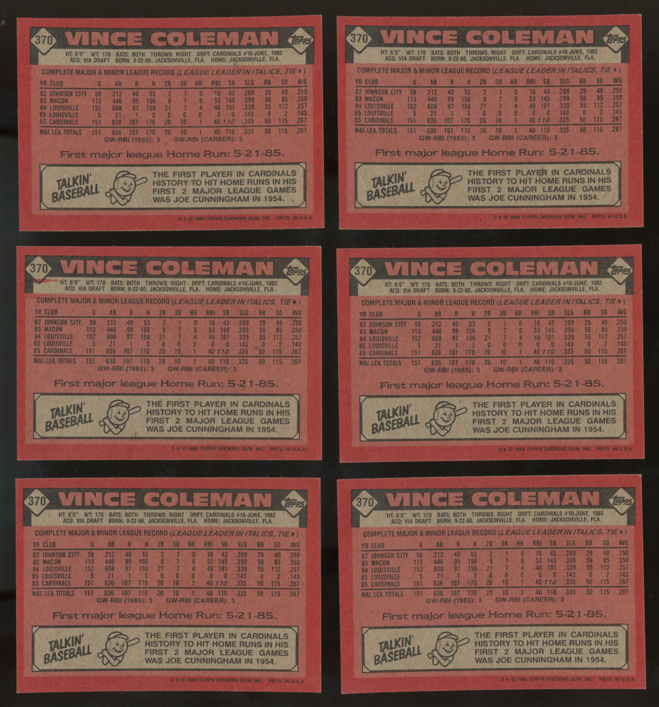 1986 Topps Vince Coleman #370 (Lot of 42)