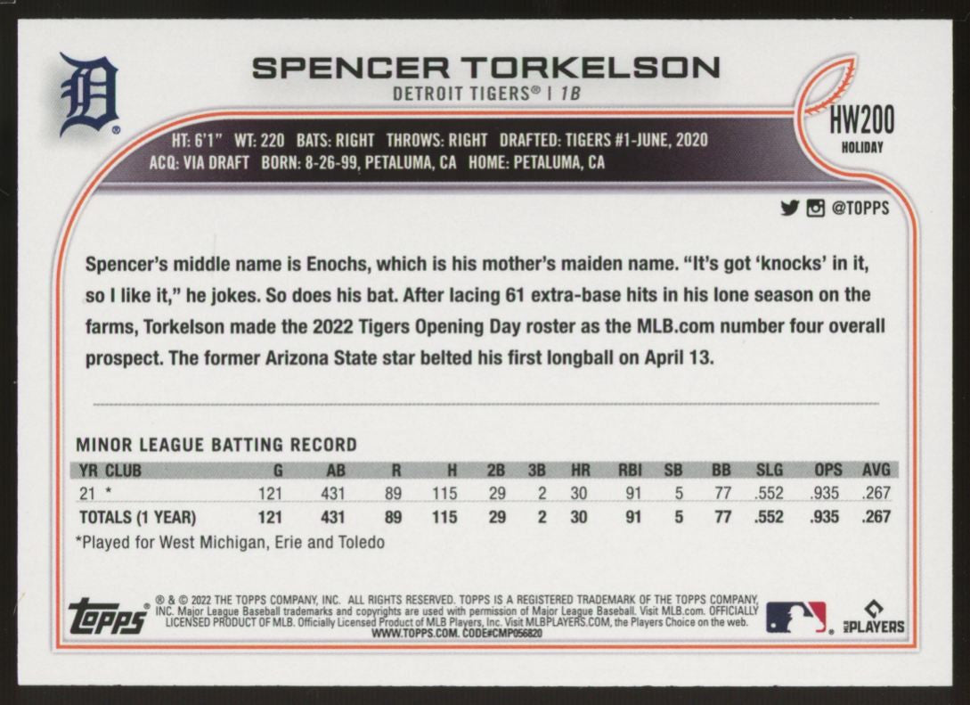 2022 Topps Holiday Spencer Torkelson RC #HW200 Signed IP Auto