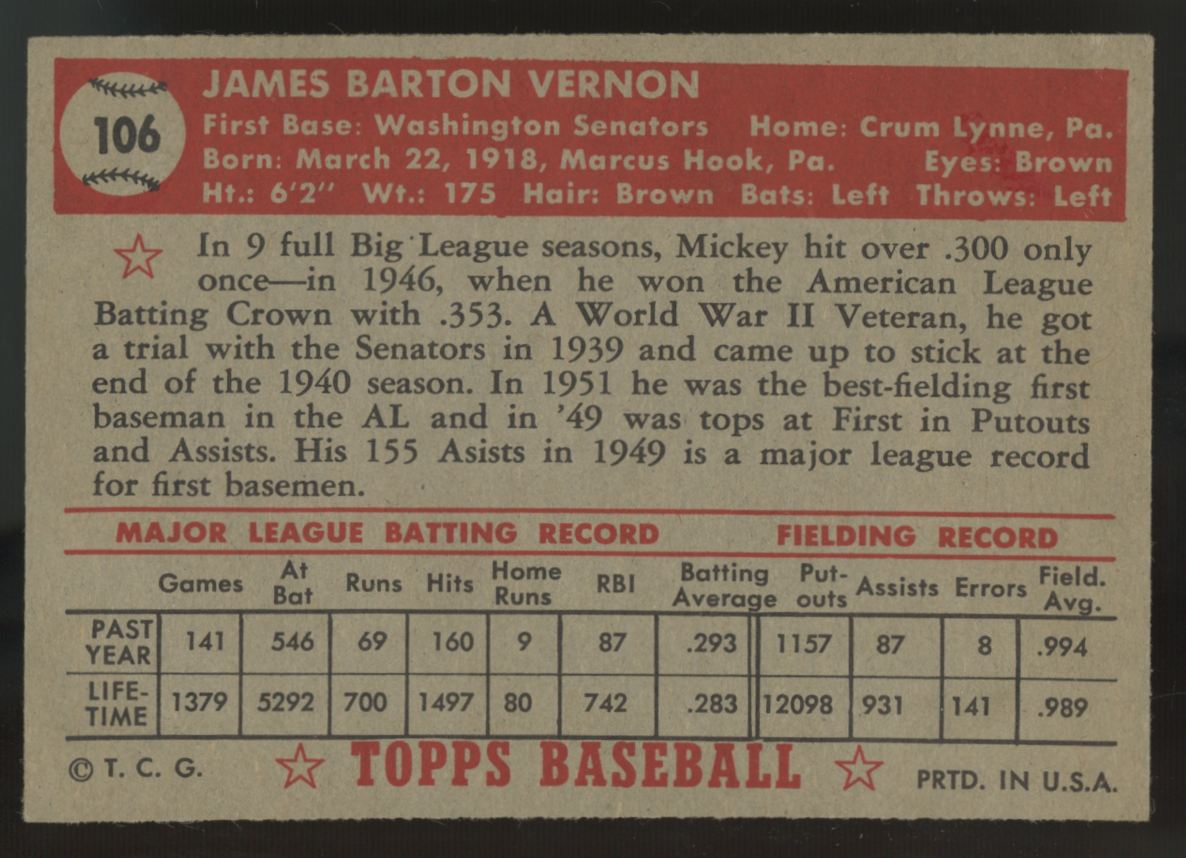1952 Topps Mickey Vernon #106 Good