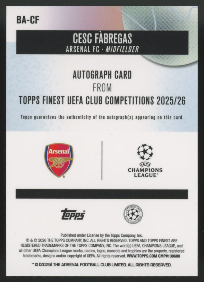 2025-26 Topps Finest UEFA Club Cesc Fabregas Orange Wave Auto /25 #BA-CF