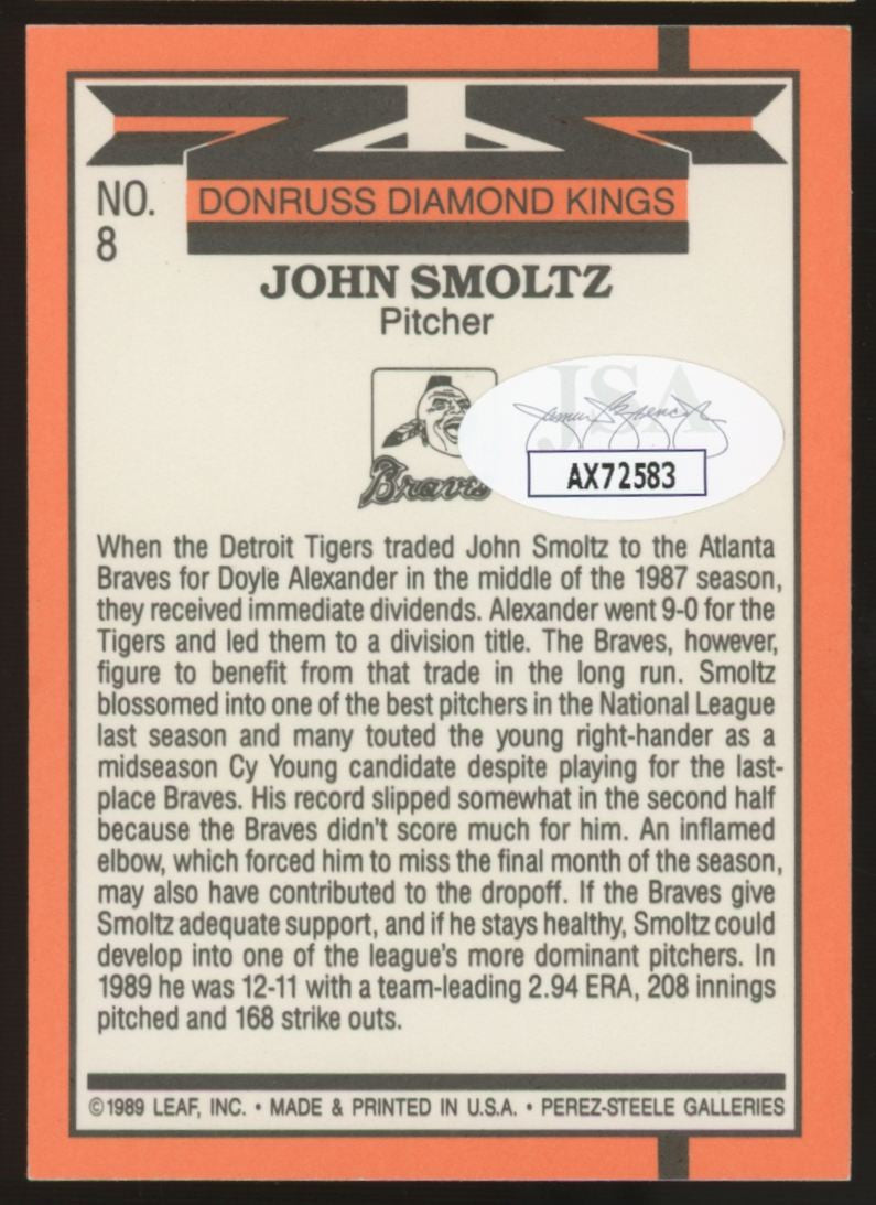 1989 Donruss John Smoltz Diamond Kings Signed Autographed #8 JSA