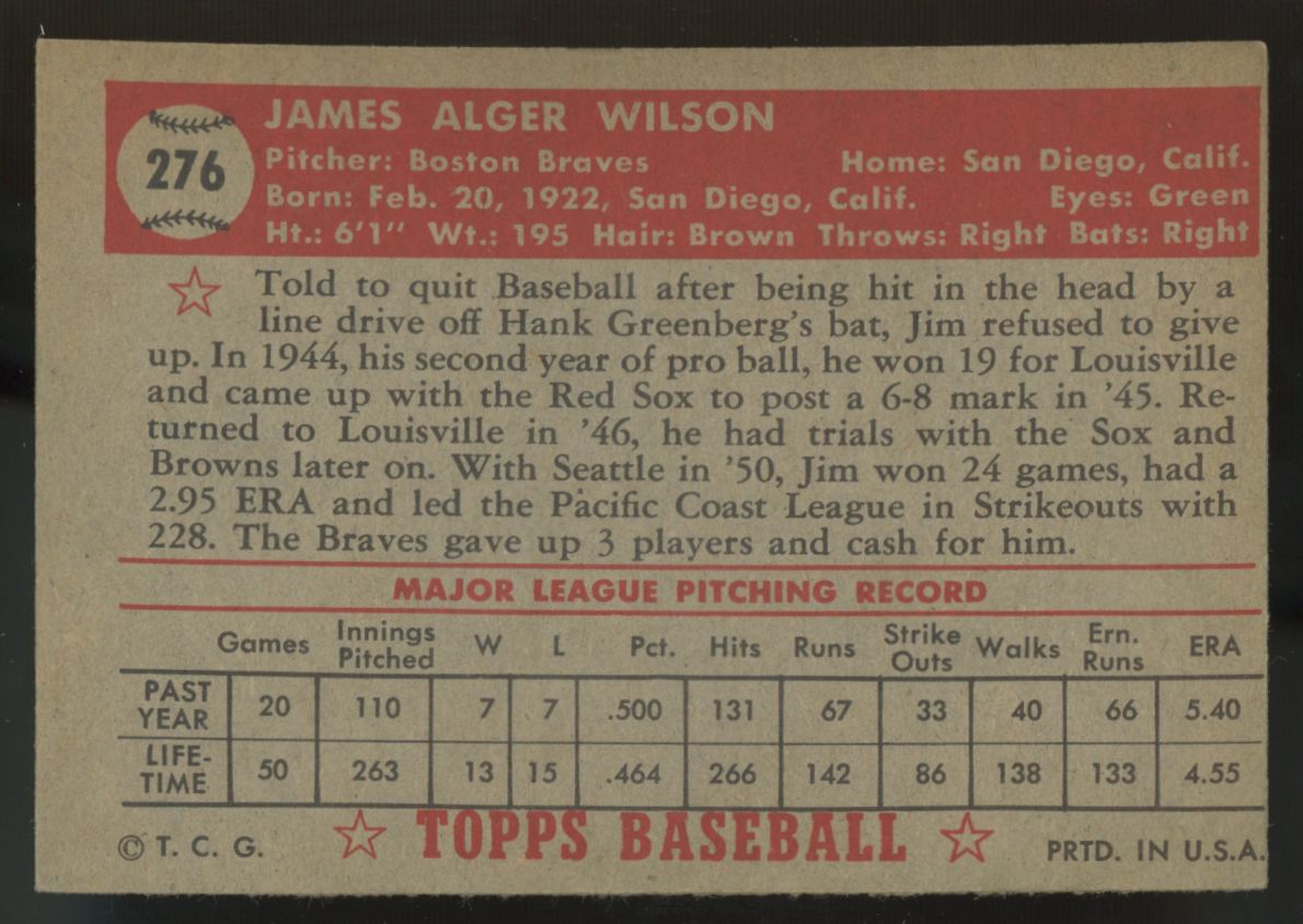 1952 Topps Jim Wilson RC #276 VG/EX