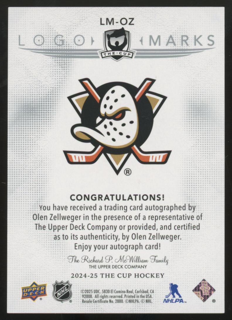 2024-25 Upper Deck The Cup Olen Zellweger RC Logo Marks Auto #LM-OZ