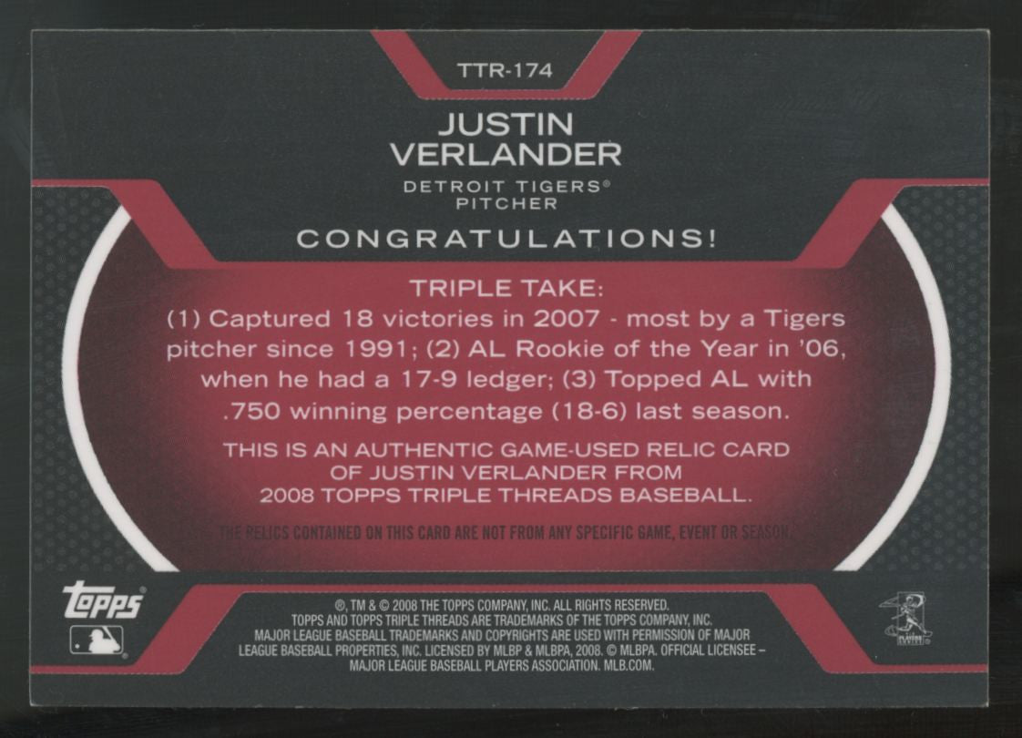 2008 Topps Triple Threads Justin Verlander Triple Patch /36 #TTR-174