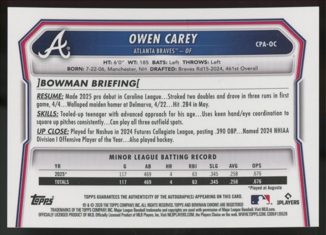2026 Bowman Chrome Owen Carey 1st Auto #CPA-OC