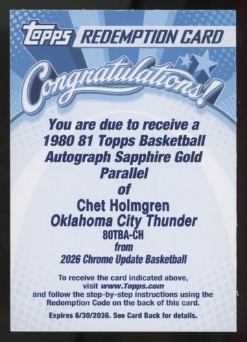 2025-26 Topps Chrome Update Sapphire Chet Holmgren 1980 Gold Auto /50 #80TBA-CH
