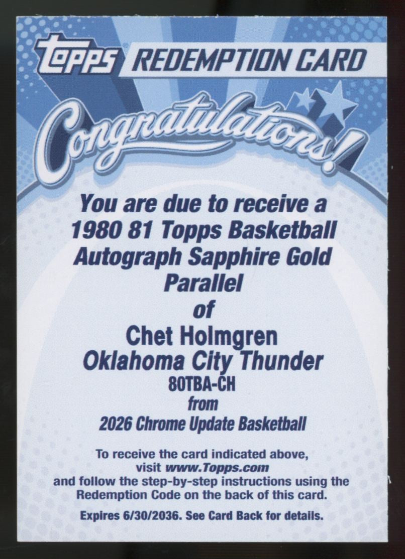2025-26 Topps Chrome Update Sapphire Chet Holmgren 1980 Gold Auto /50 #80TBA-CH