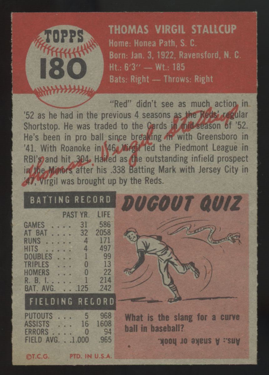 1953 Topps Virgil Stallcup #180 EX/MT