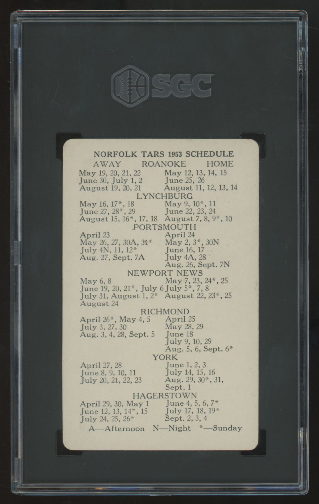 1953-55 Brown & Bigelow Connie Mack Norfolk Schedule Back SGC 6