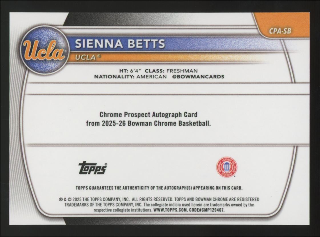 2025-26 Bowman Sienna Betts 1st Orange Shimmer Refractor Auto /25 #CPA-SB