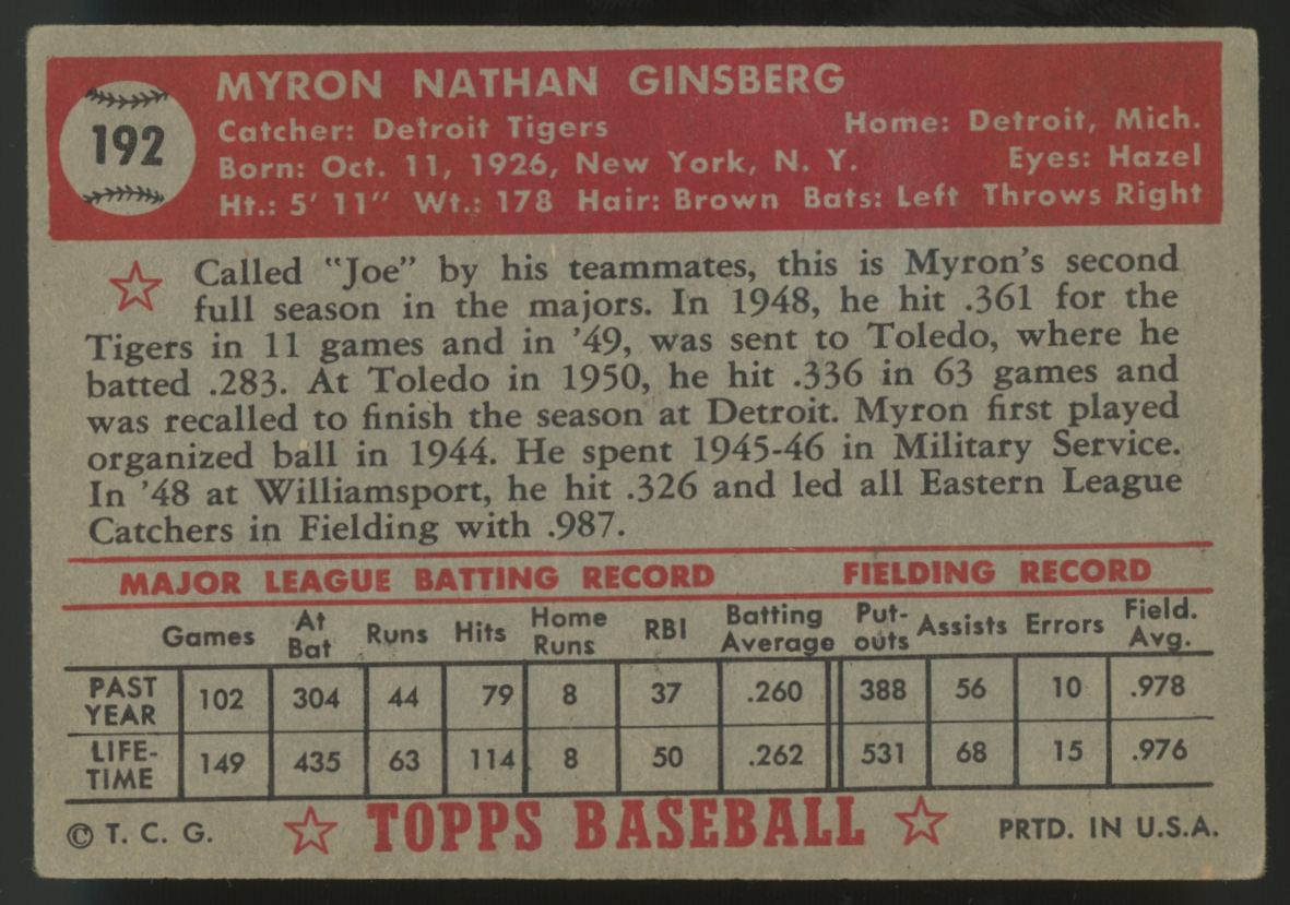 1952 Topps Myron Ginsberg #192 VG