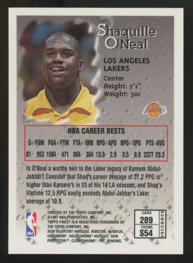 1996-97 Topps Finest Sterling Shaquille O'Neal Uncommon W/ Coating #289