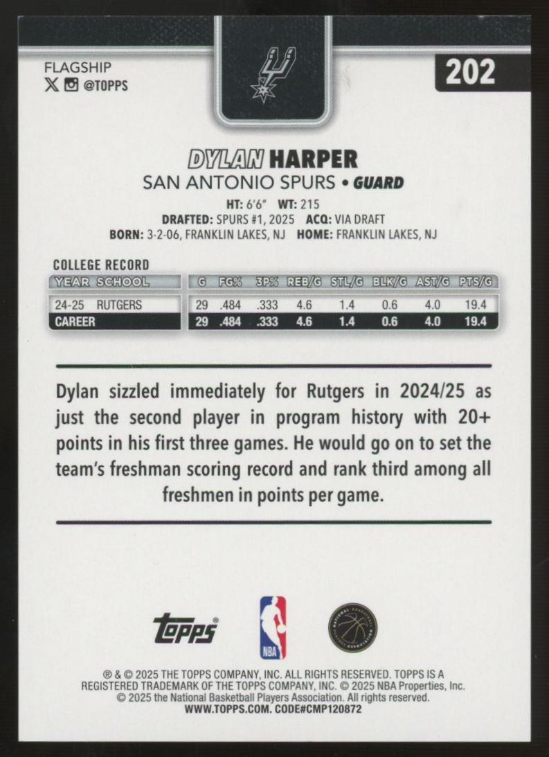 2025-26 Topps Flagship Dylan Harper RC Gold Holo Foil /50 #202